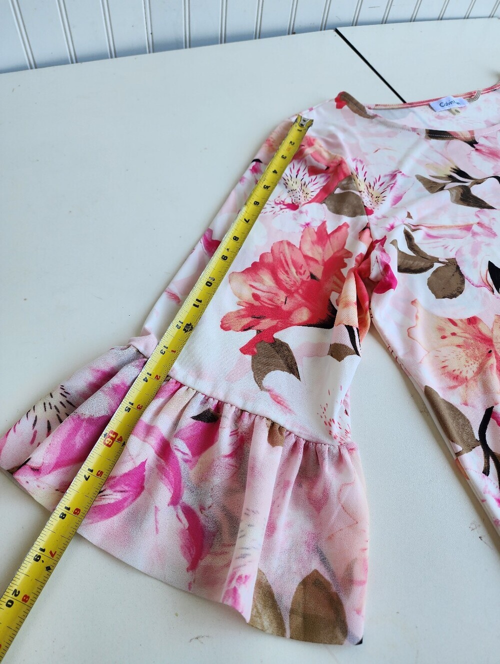 Calvin Klein White Pink Floral Rose Bell Flare Sleeve Women's Blouse Stretch XL - Picture 11 of 12